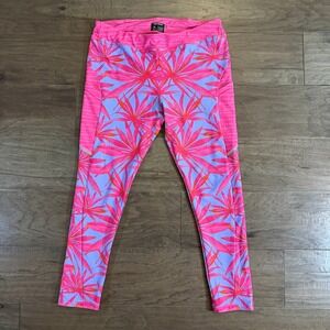 Tri Sirena Womens XL Pink Purple Tropical Palm Print Athletic Leggings Pockets